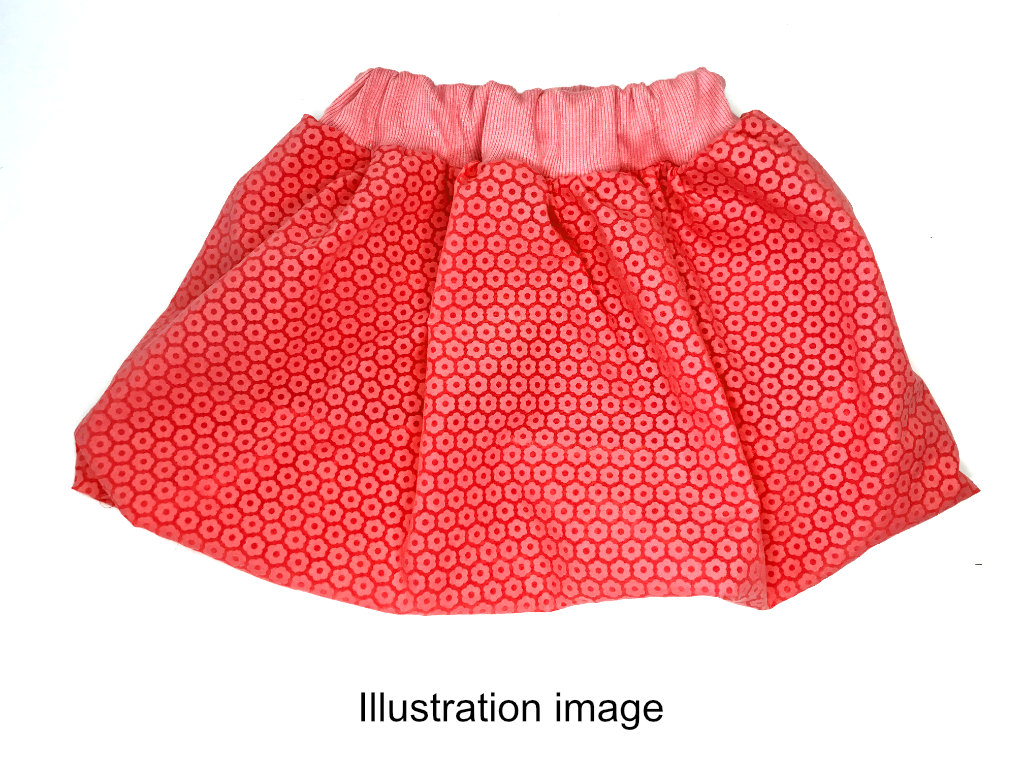 Red balloon skirt with an elastic rib jersey waistband casing.