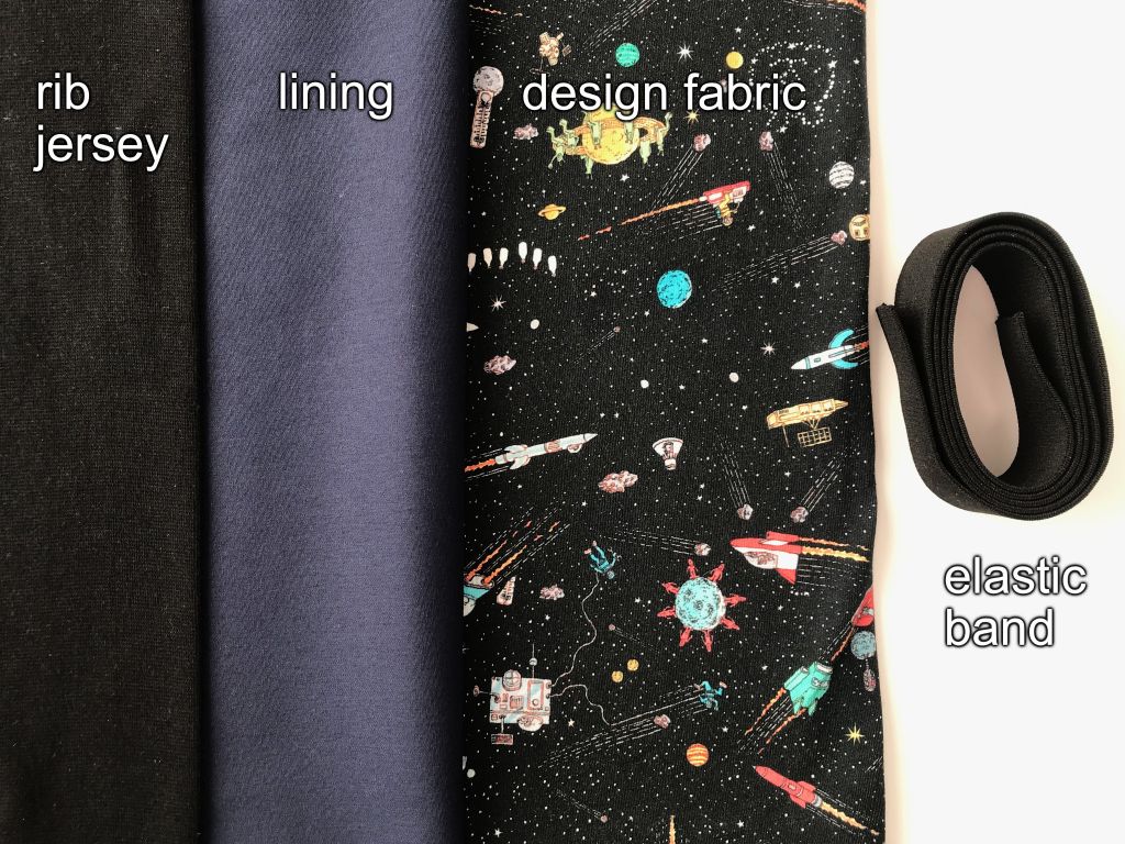 Different fabrics needed to sew a DIY Luna Lovegood black skirt.