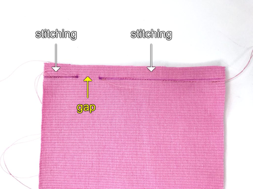 Stitched rib jersey elastic waistband casing with an opening for inserting an elastic.