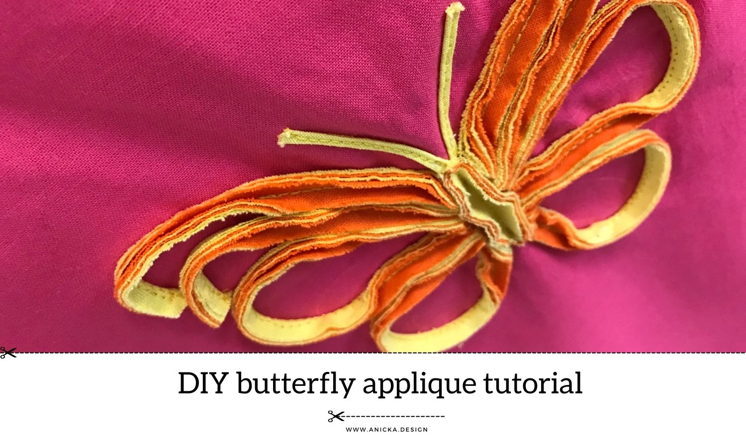Faux chenille style butterfly applique made of fabric stripes.