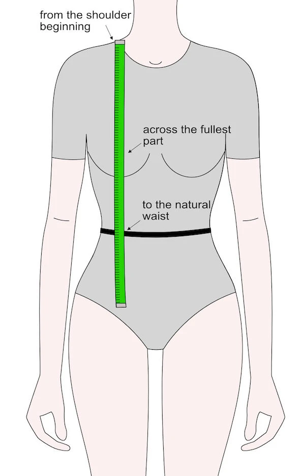 Measuring the bodice front length at the centre. That is: from the breastbone to the natural waist.