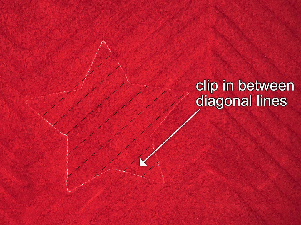 Clipping in between sewn diagonal lines on a faux chenille Christmas pillowcase.