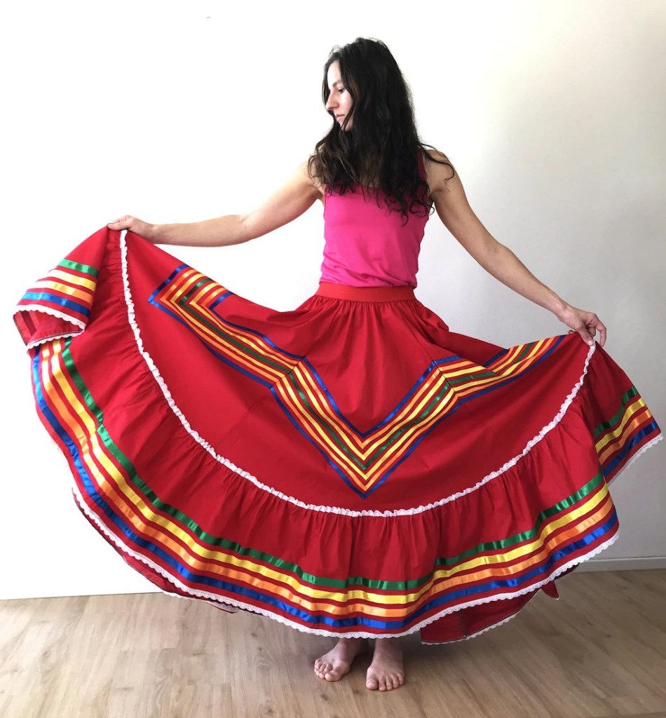 Gathered Mexican Jalisco skirt with ribbon embellishment.