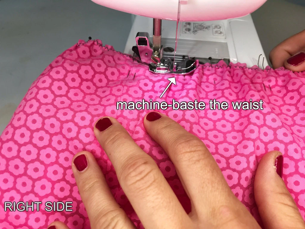 Machine-basting an easy bubble skirt waist on a sewing machine.