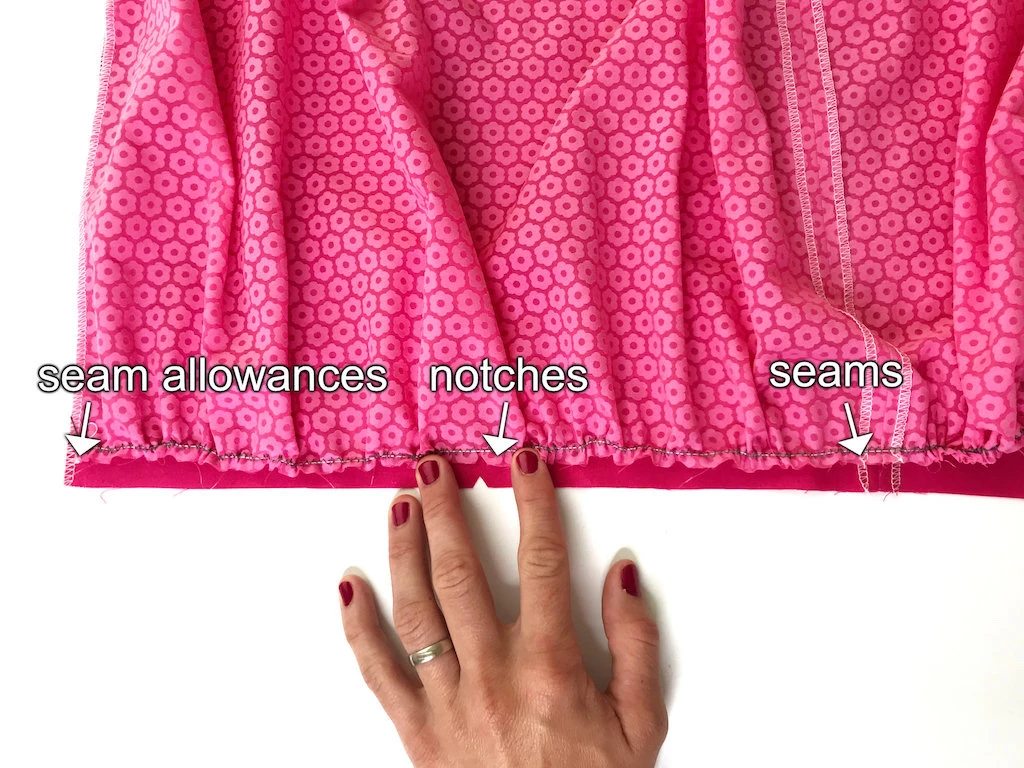 Gathered design fabric matches the lining width.