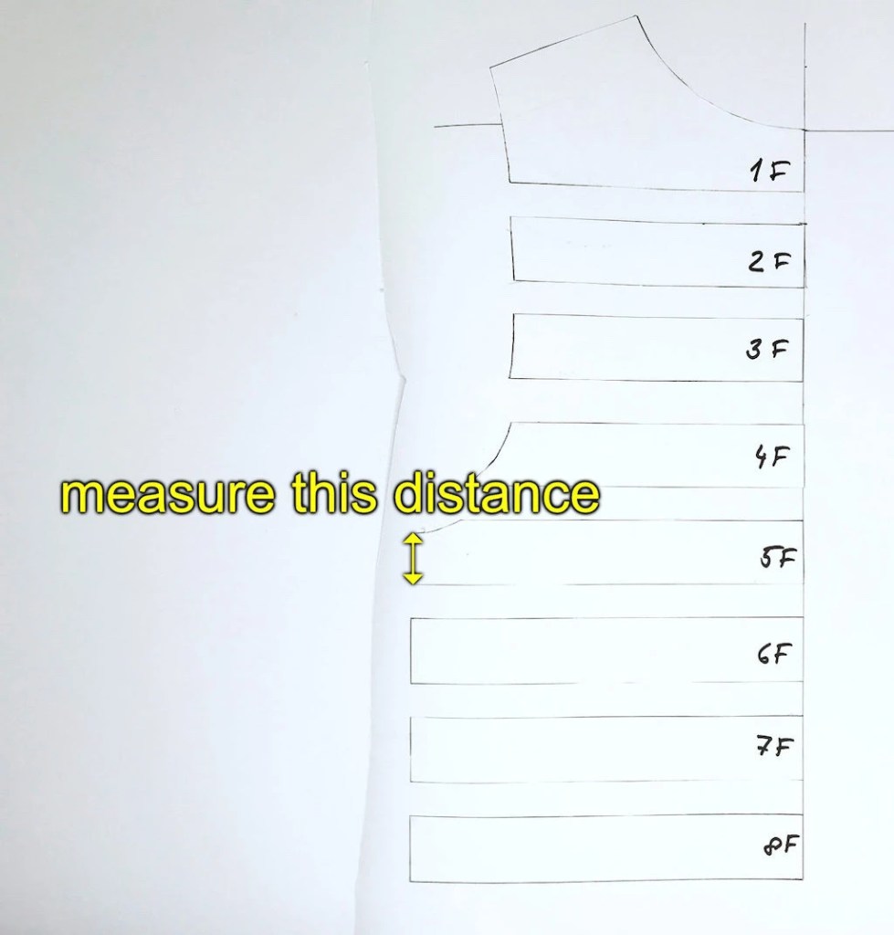 Measuring the distance between and armhole and slashed line.