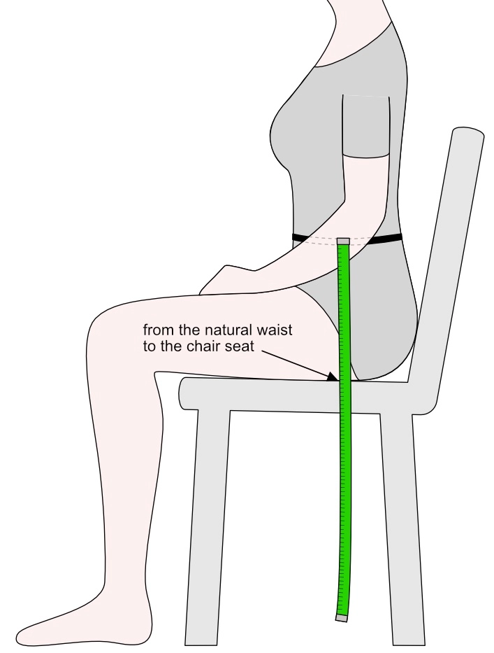A side-view drawing of a person sitting on a chair in a fitted bodysuit, with a measuring tape from the natural waist to the chair seat, labeled 