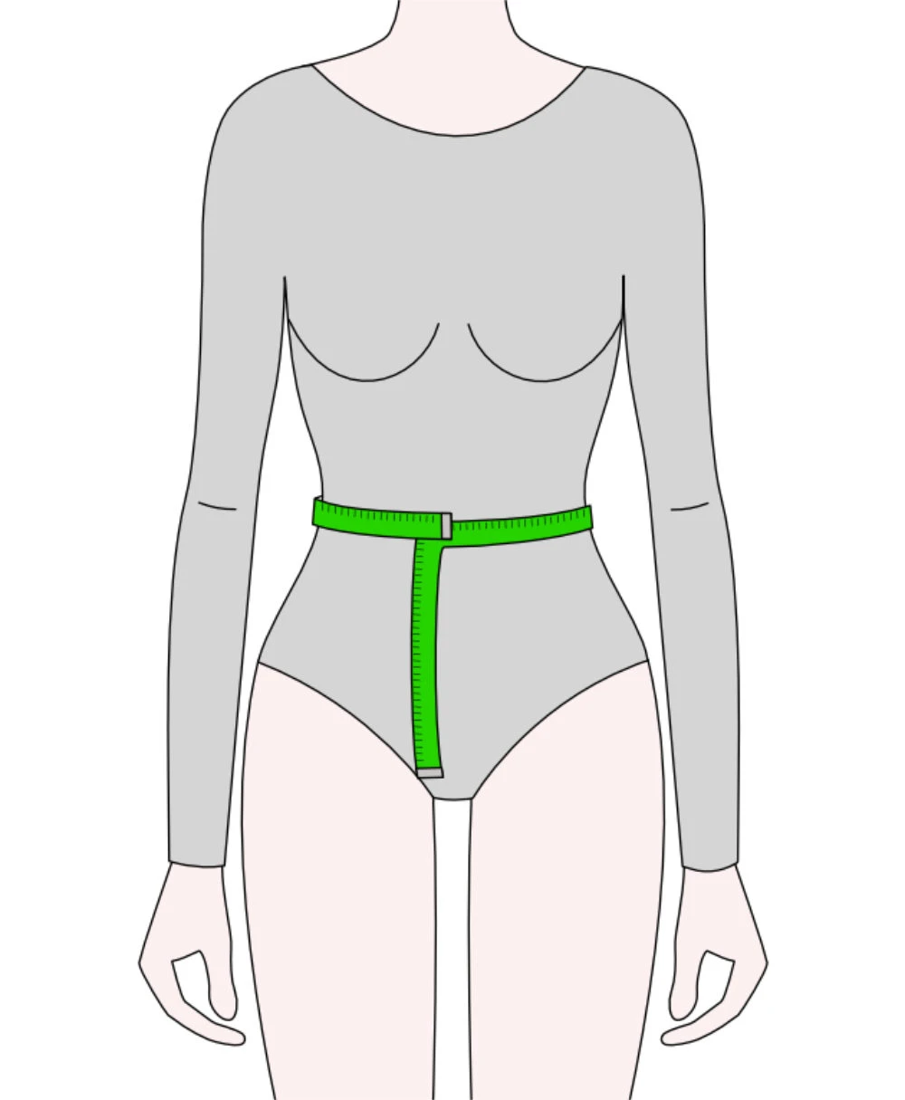 Illustration showing how to measure natural waist circumference by wrapping a measuring tape around the torso at the narrowest part of the waist, above the belly button and below the ribcage.
