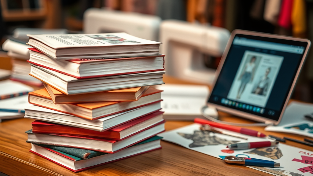 Stack of fashion design books and laptop for in-depth fashion studies.