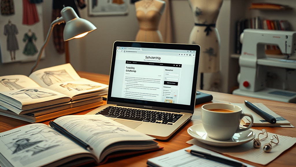 Laptop displaying an online fashion studies scholarship application, surrounded by open fashion design books