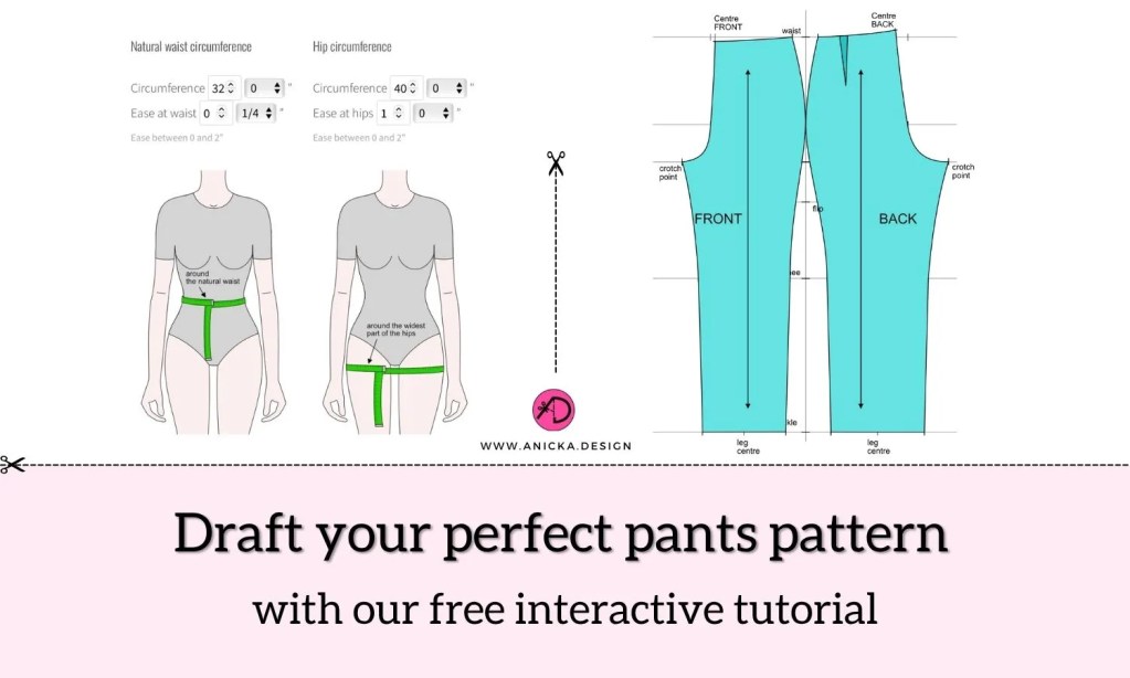 Input fields for user body measurements an illustrations of measuring the waist and hip. Basic pants pattern with one dart at the back pattern piece.