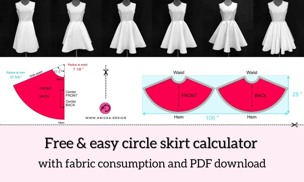 Images of various types of circle skirt made of white cotton fabric. Examples of circle skirt calculator calculation results with fabric consumption.