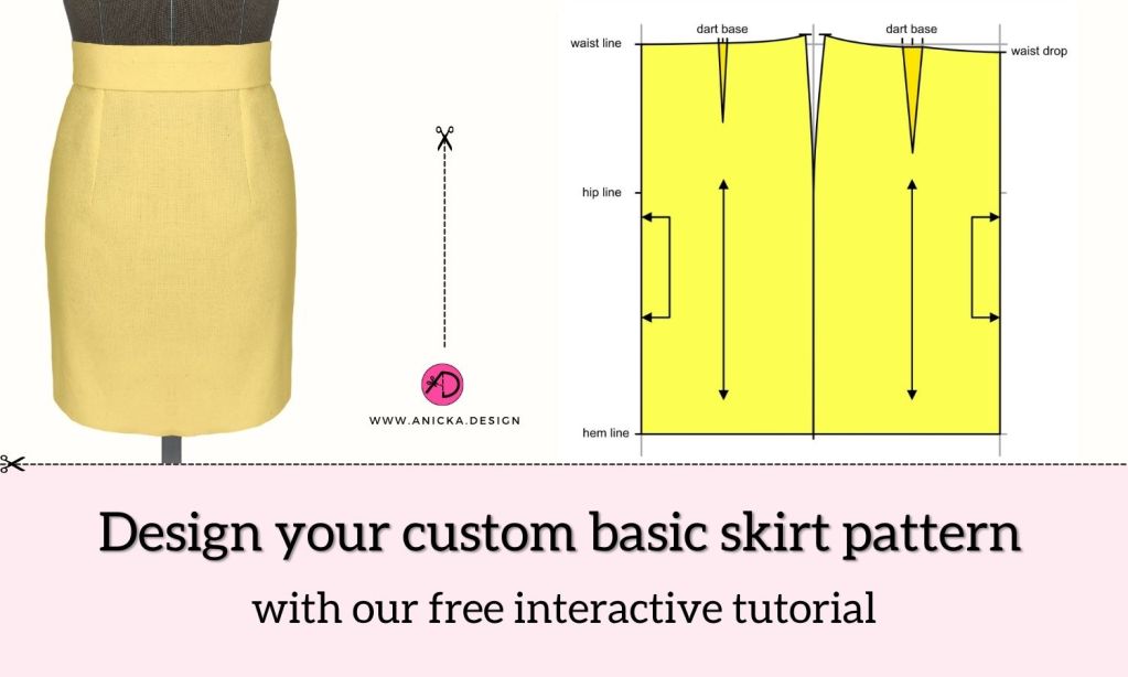 A yellow pattern of an easy to draft basic skirt block with one front and one back dart. Yellow pencil skirt on a tailor's dummy.