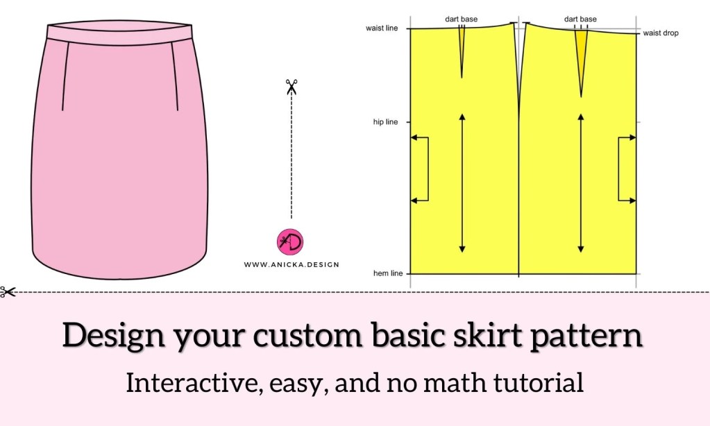 A yellow pattern of an easy to draft basic skirt block with one front and one back dart. Yellow pencil skirt on a tailor's dummy.