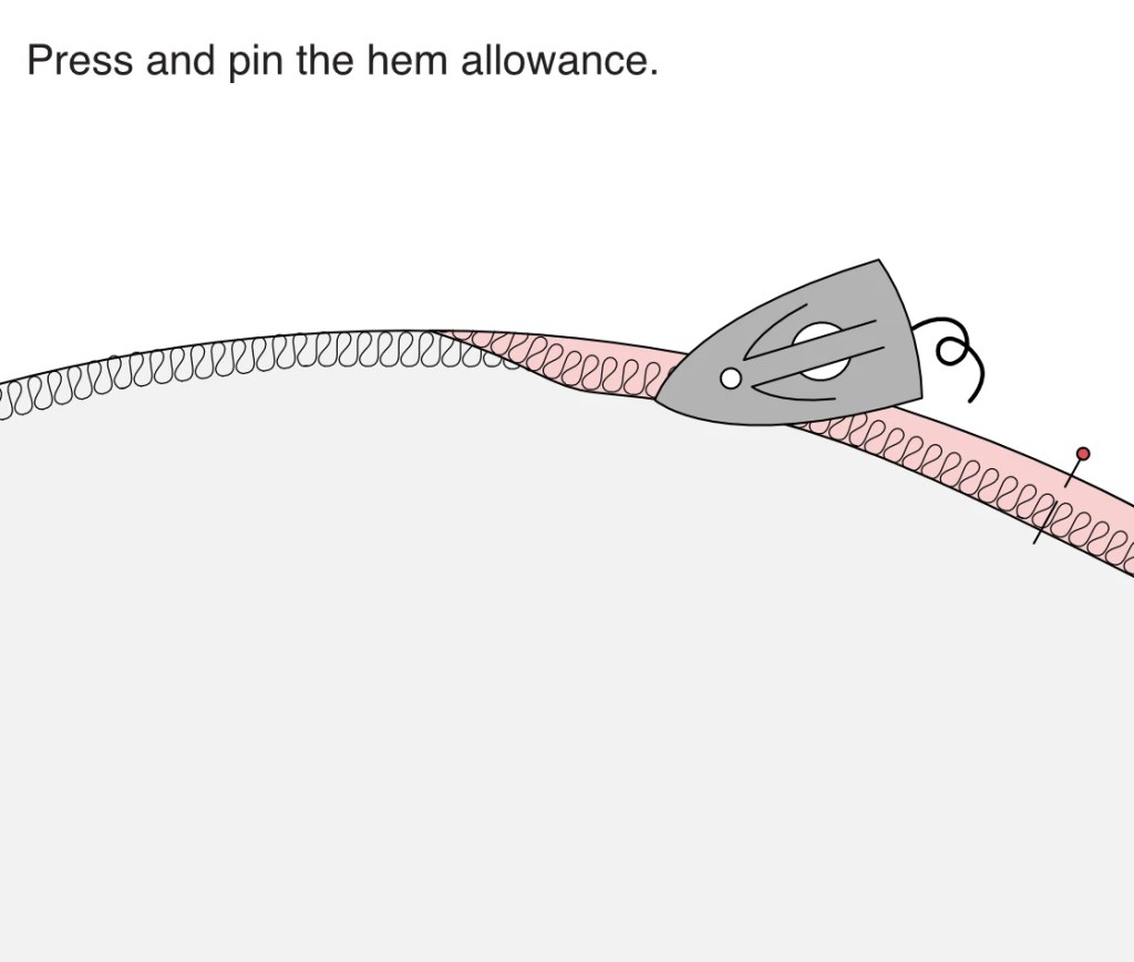 Pressing a finished hem allowance of a circle skirt.