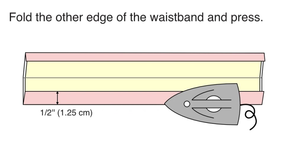 Pressing the seam allowance of a waistband.
