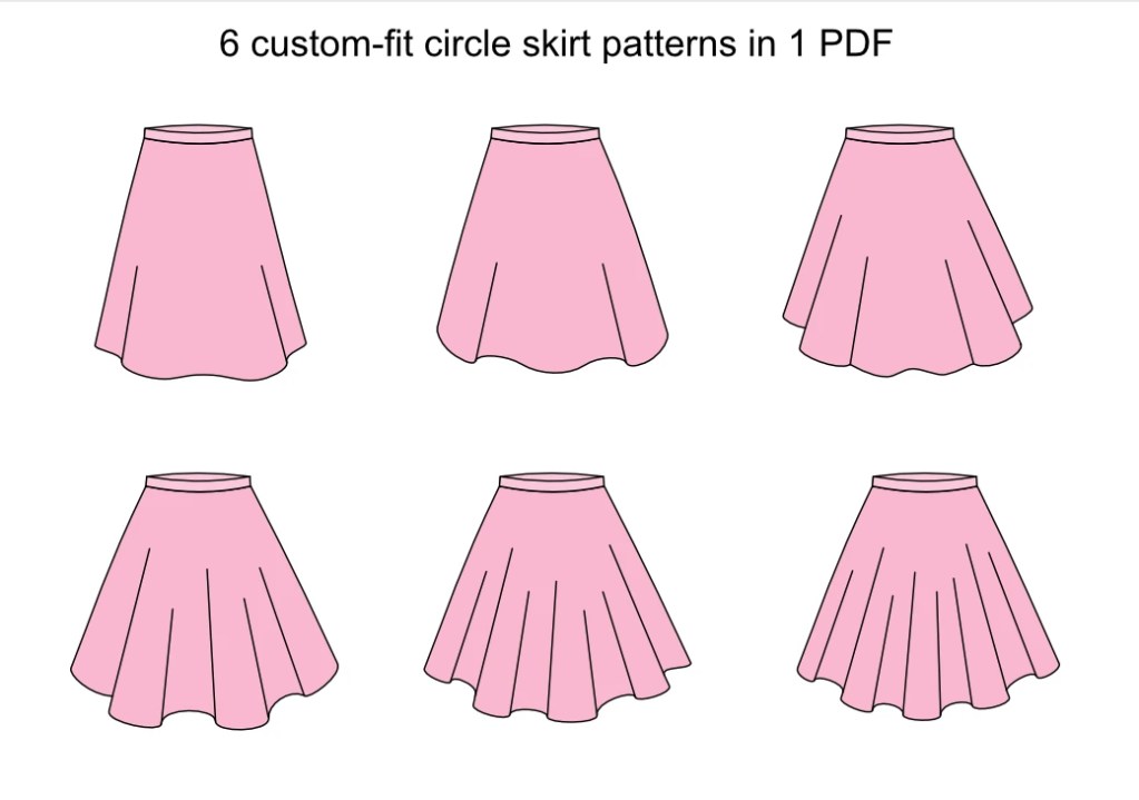 Illustration of six circle skirts: quarter, half, three-quarter, full, one-and-half and double circle skirt.