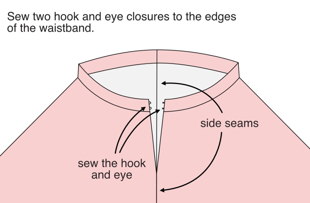 Sewing a hook and eye to the edges of a waistband.